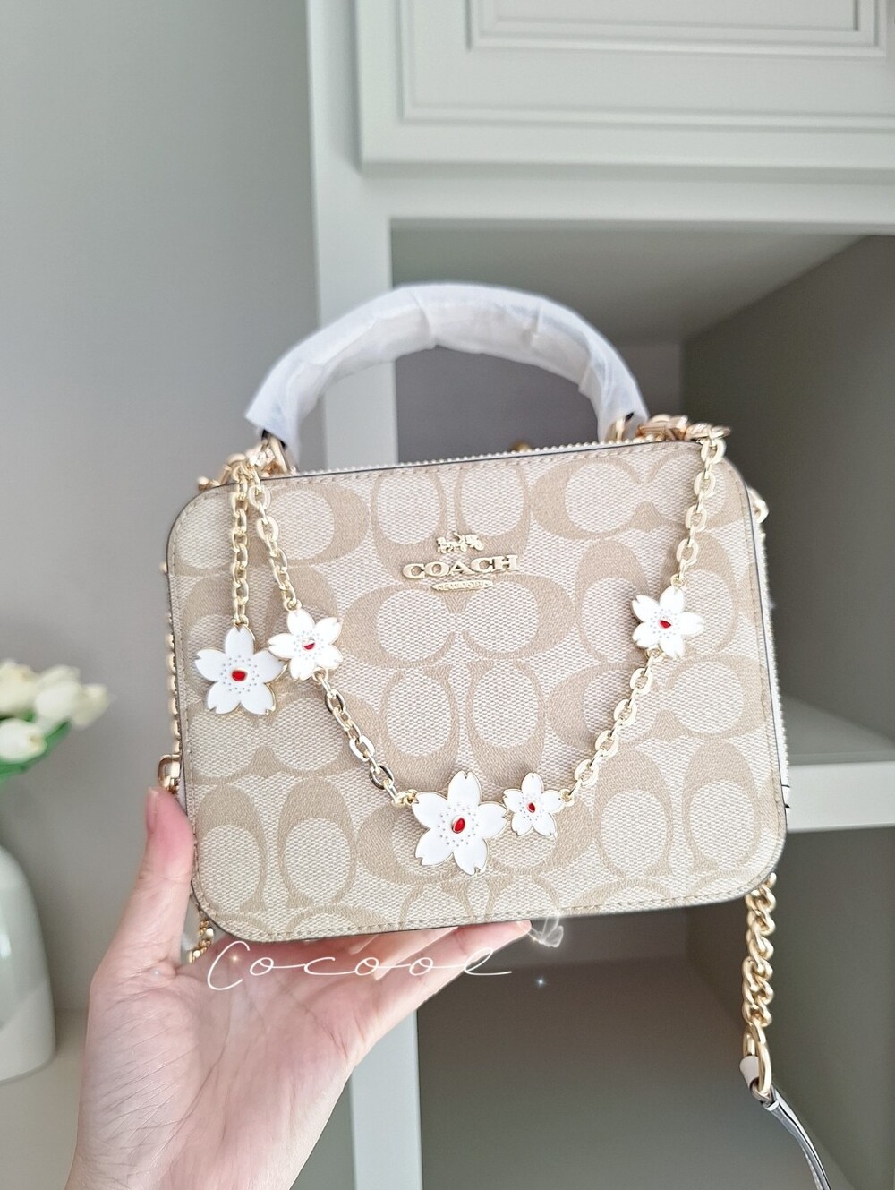 NWT Coach Beige Signature Box Canvas Crossbody with Floral Chain